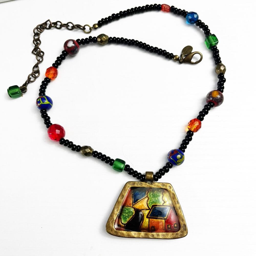 Chico's Vintage Enamel Stained Glass Style Beaded Necklace